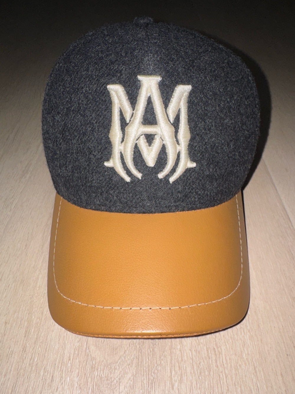 AMIRI Wool Dark Gray Cap with Tan Leather Brim